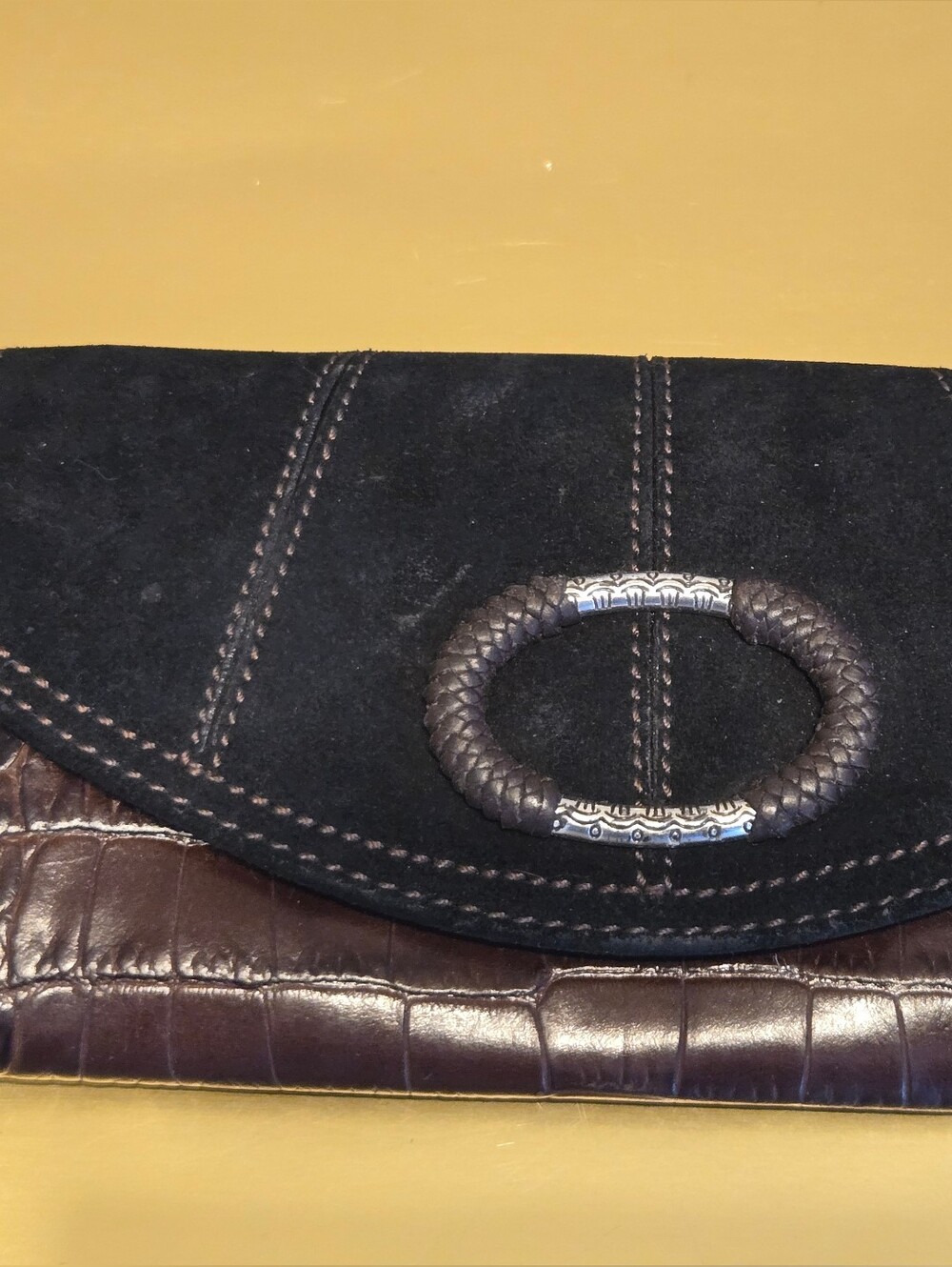 Brighton Brown Croc-Embossed Leather & Suede Continental Flap Wallet Organizer